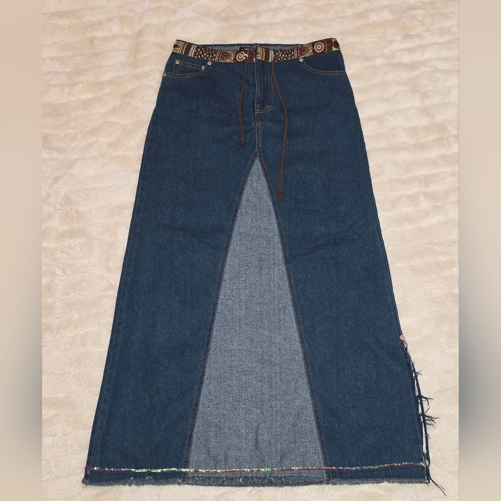 Vintage Women's Blue Hippie Denim Maxi Skirt